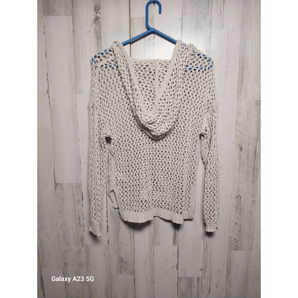 Artelier Nicole Miller Beige Open-Knit Hooded Sweater Boho Sz XS - Picture 7 of 8
